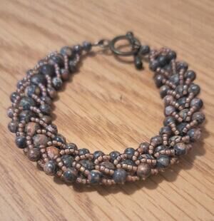 Artisan Woven Natural Jasper Bead Bracelet Copper Seed Bead Spiral Rope 7.25"